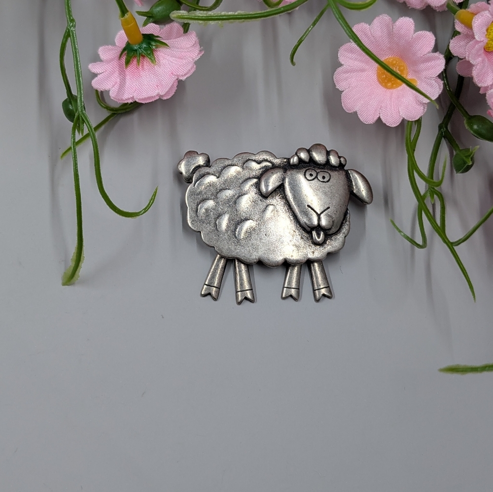 Cute Sheep Vintage Pewter Brooch With Articulated Legs